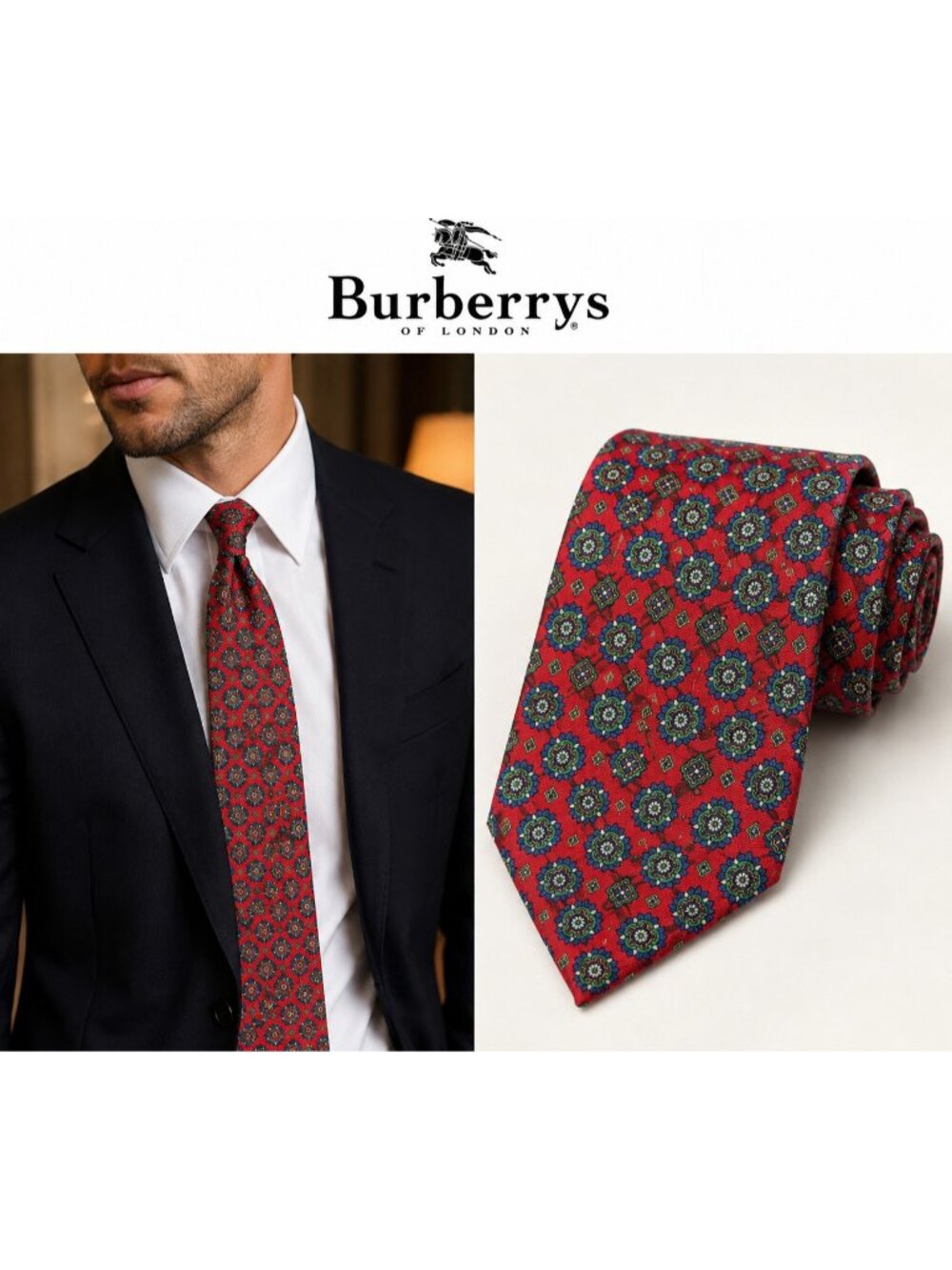 Vintage Burberrys of London 100% Silk Red Medallion Geometric Tie Made Italy